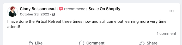 Facebook recommendation from Cindy Boissonneault saying she has done the Virtual Retreat three times and learns more each time