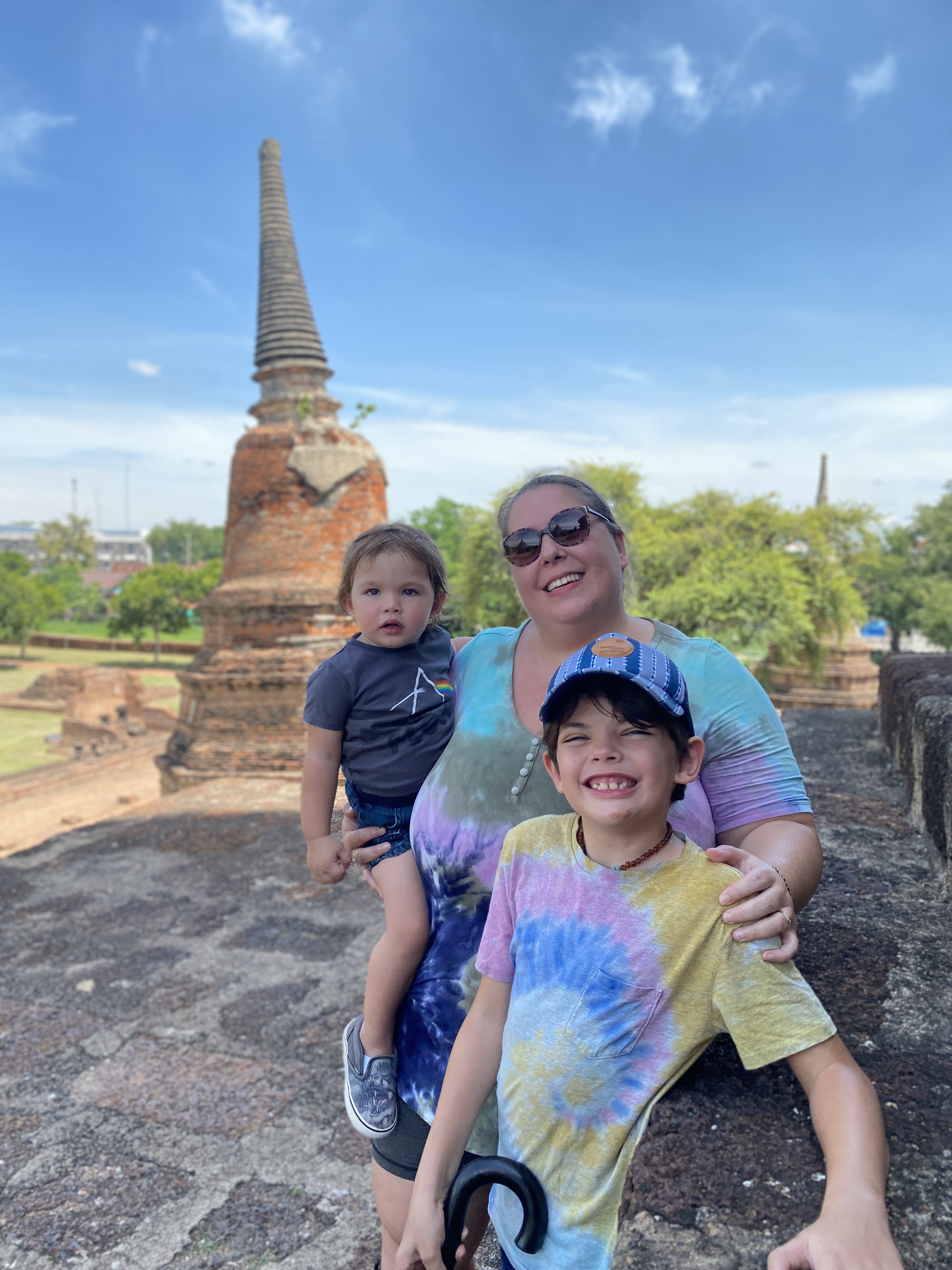 Jen Ritchie with her sons Arlo and Atlas at the Ayutthaya temple ruins in Thailand