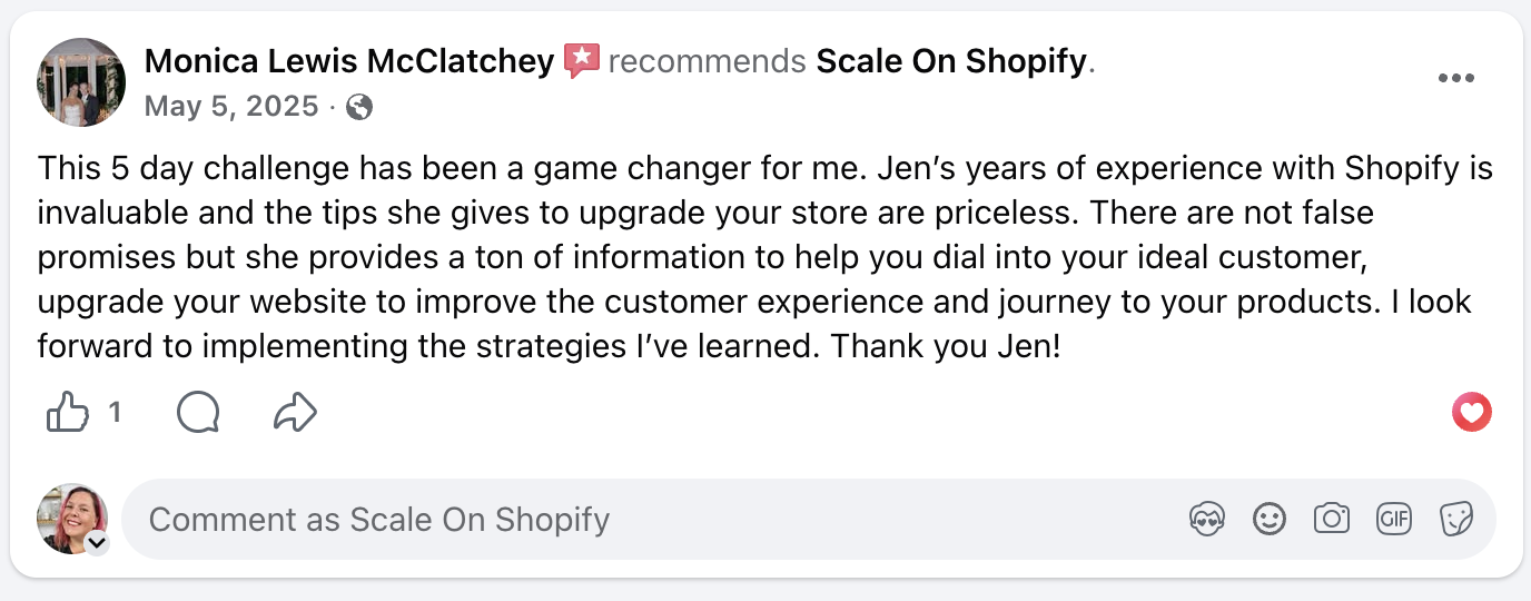 Facebook recommendation from Monica Lewis McClatchey calling the 5 day challenge a game changer