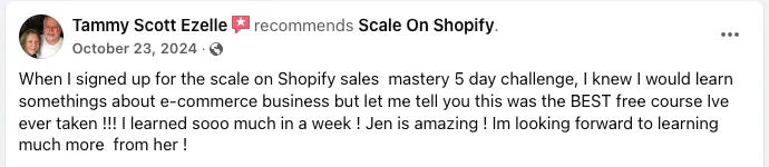 Facebook recommendation from Tammy Scott Ezelle calling the 5 day challenge the best free course she has ever taken