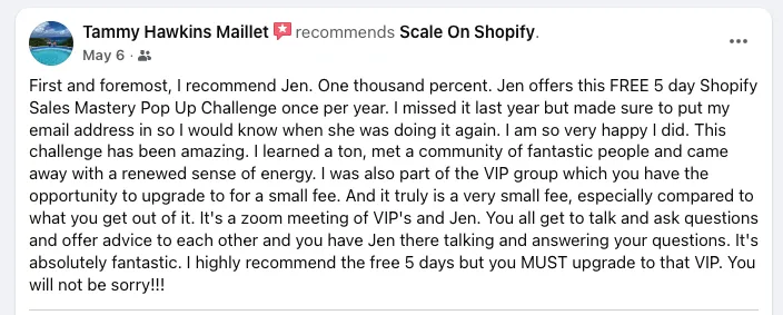 Facebook recommendation from Tammy Hawkins Maillet praising the 5-day challenge and VIP upgrade