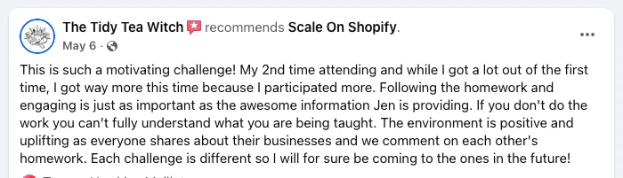 Facebook recommendation from The Tidy Tea Witch about doing the homework and the supportive challenge community