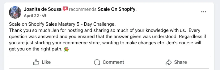 Facebook recommendation from Joanita de Sousa saying Jens course will get you on the right path