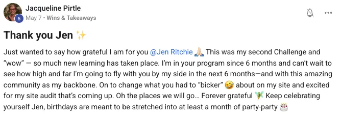 Facebook post from Jacqueline Pirtle thanking Jen for the second challenge and 6 months in the program