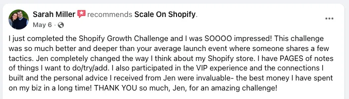 Facebook recommendation from Sarah Miller calling the challenge the best money she has spent on her business