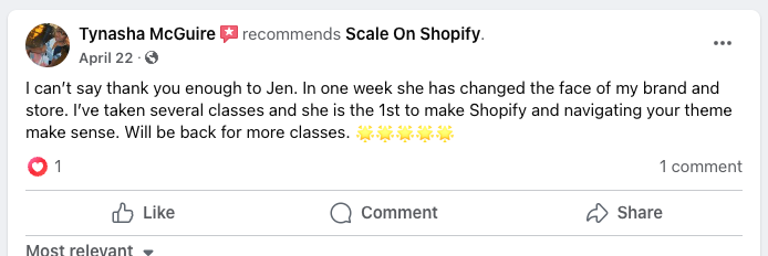 Facebook recommendation from Tynasha McGuire saying Jen changed the face of her brand and store in one week