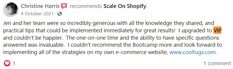 Facebook recommendation from Christine Harris saying she upgraded to VIP and couldn't be happier with the one-on-one time