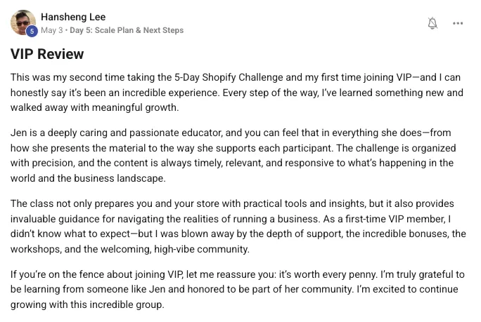 Skool post from Hansheng Lee saying VIP is worth every penny and praising the depth of support and welcoming community