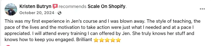 Facebook recommendation from Kristen Butryn calling Jen's course Brilliant with 5 stars