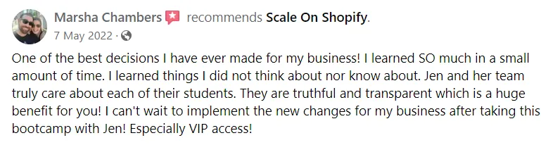 Facebook recommendation from Marsha Chambers calling the bootcamp one of the best decisions for her business, especially VIP access
