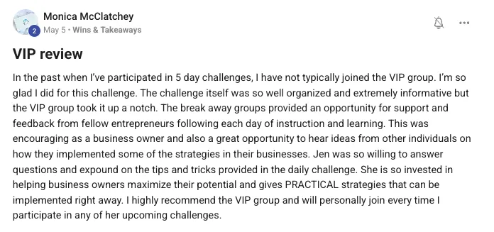 Skool post from Monica McClatchey saying the VIP group took the challenge up a notch with breakaway groups for support and feedback