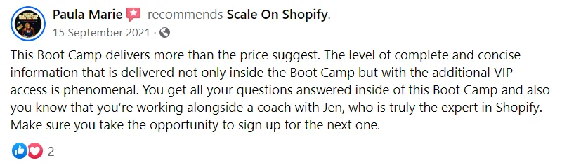 Facebook recommendation from Paula Marie calling the VIP access phenomenal and Jen the true Shopify expert
